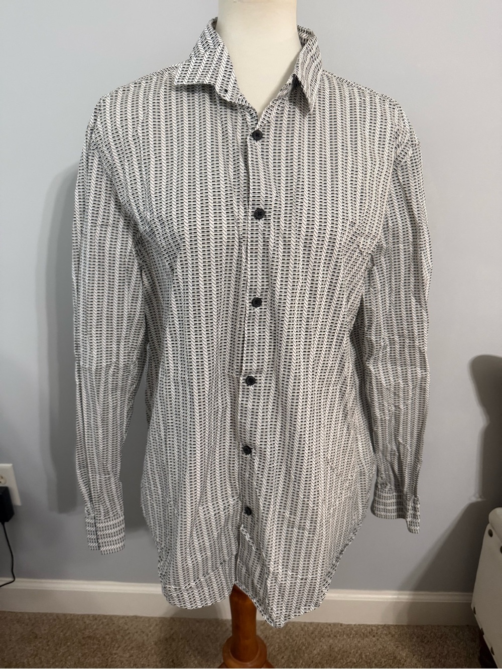 Alfani Black and White Vertical Geo-Pattern Button-Down Shirt